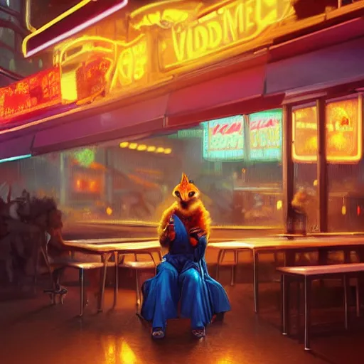 Image similar to anthropomorphic female vulpes vulpes fulva woman sitting at a noodle stand eating noodles in the crowded street of a cyberpunk city, rain, harsh neon lights, highly detailed, digital painting, trending on artstation, concept art, sharp focus, illustration, art by artgerm and greg rutkowski and magali villeneuve