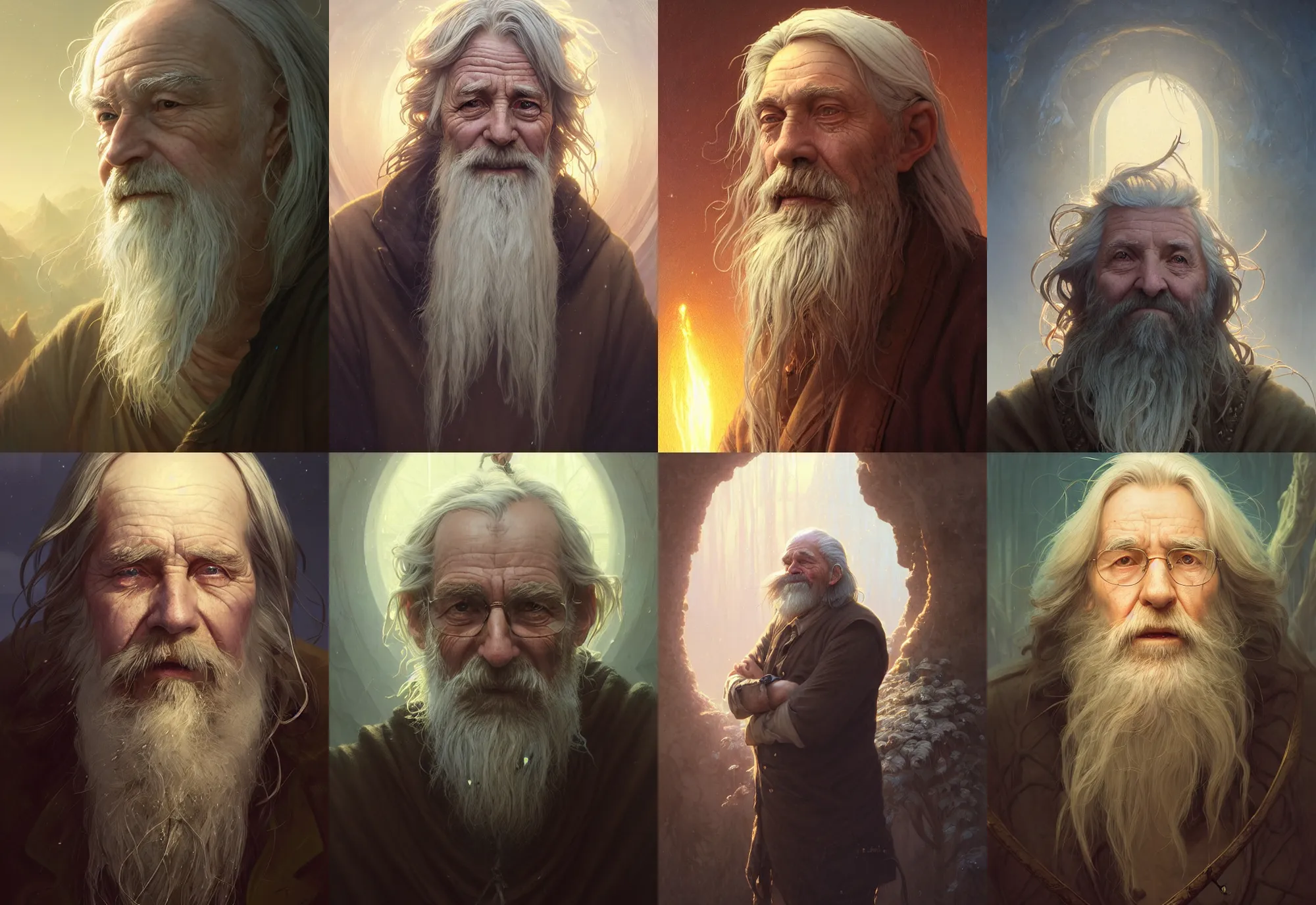 Image similar to highly detailed portrait of a very old man with long hairs, stephen bliss, unreal engine, fantasy art by greg rutkowski, loish, rhads, ferdinand knab, makoto shinkai and lois van baarle, ilya kuvshinov, rossdraws, tom bagshaw, alphonse mucha, global illumination, radiant light, detailed and intricate environment