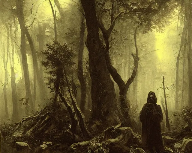 Image similar to portrait of a lovecraftian cultist next to an occult altar in a forest by andreas achenbach