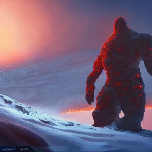 Image similar to a lava man on a winter biome, heatwave, golden hours, fantasy, golden ratio, hyper realism, behance, artstation, unreal engine 5, octane, deviantart