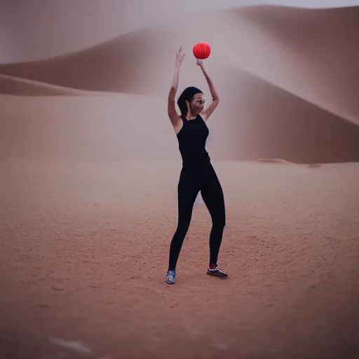 Image similar to a photo of a female doing basket in the desert while it's raining, 5 0 mm lens, f 1. 4, sharp focus, ethereal, emotionally evoking, head in focus, volumetric lighting, 8 k