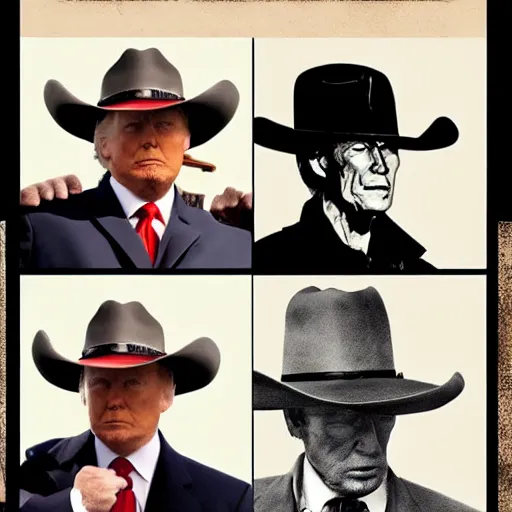 Image similar to donald trump playing the role of clint eastwood, squinting at high noon, in the style of a clint eastwood movie, the good, the bad and the ugly, distinguished, clint eastwood, vibe, glory days, mount rushmore, stern, resolve, formal, justice, american flag, independence, patriotism, symmetry, centered, balance