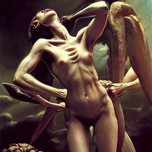 Image similar to still frame from Prometheus movie, Slaanesh succubus godess editorial by wayne barlowe by caravaggio by giger by malczewski