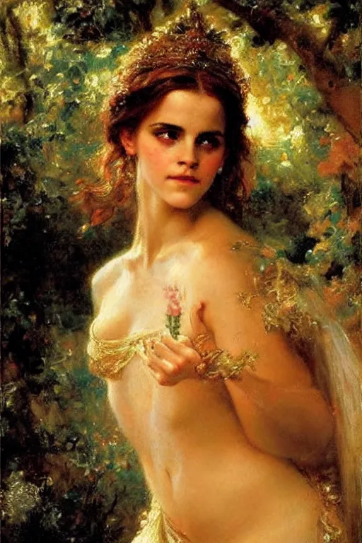 Prompt: portrait of emma watson as the goddess aphrodite. art by gaston bussiere.