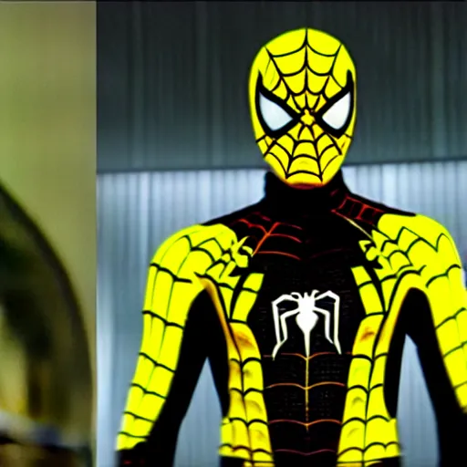 Image similar to black and yellow futuristic depiction of spiderman, large eyes, white webbing, movie still from star wars