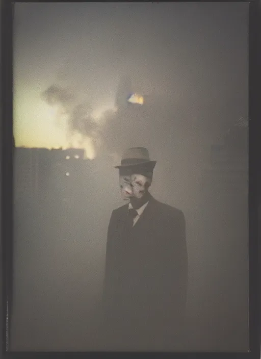 Image similar to mysterious man in suit and hat covered in smoke, standing in the middle of a big metropolis, sunset, polaroid photo