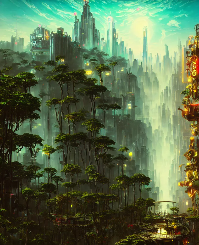 Image similar to building by albert bierstadt, anime cgsociety rainforest junglepunk elysian flowers nature bioshock at dawn at dusk meadow tron matte painting studio ghibli alien futuristic cosmic poppy wilderness fantasy liberty city bladerunner 2 0 4 9 fisheye azeroth, archdaily, wallpaper, highly detailed, trending on artstation.