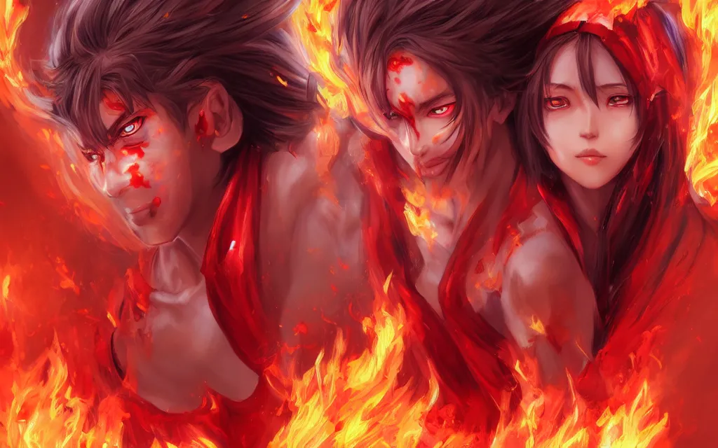 Image similar to A realistic anime portrait of a beautiful fire spirit twins with glowing red eyes and firey skin wearing clothes made of flames, digital painting, by Stanley Artgerm Lau, Sakimichan, WLOP and Rossdraws, digtial painting, trending on ArtStation, SFW version