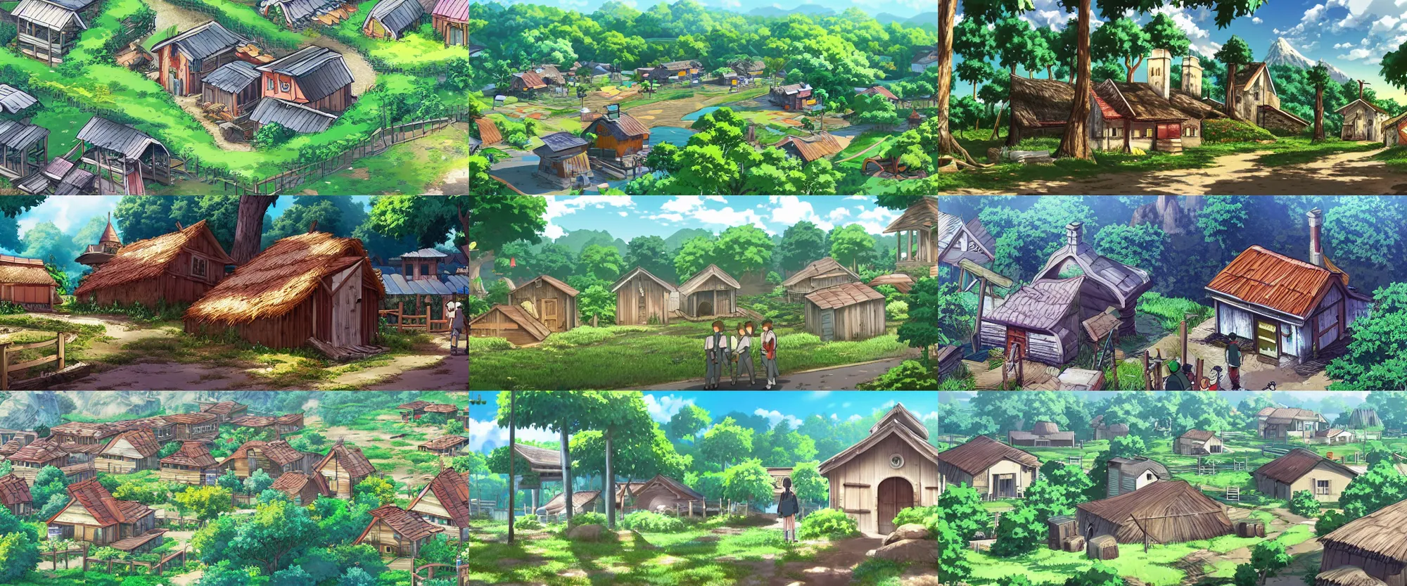 anime style illustration of a Japanese village with the sun shining in the  mountains Generative Ai Stock Illustration | Adobe Stock