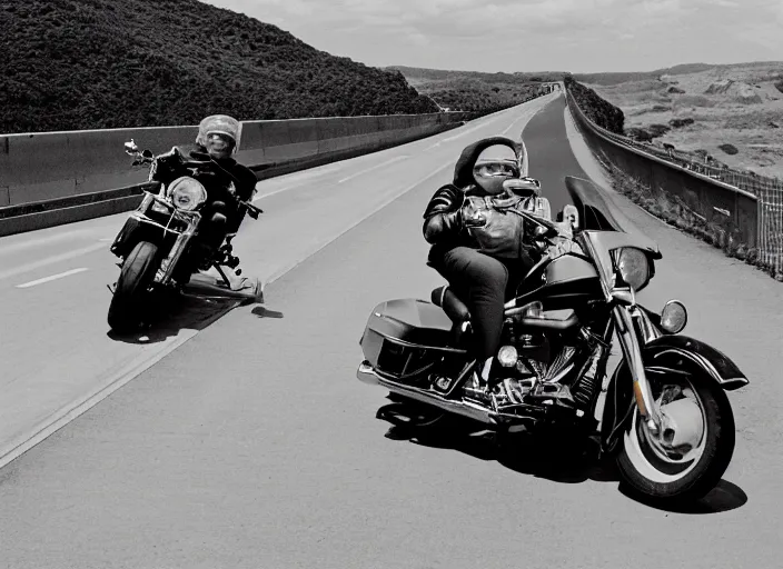 Prompt: harley davidson motorbike driving on the freeway. iso 1 0 0. low camera view. retro photo