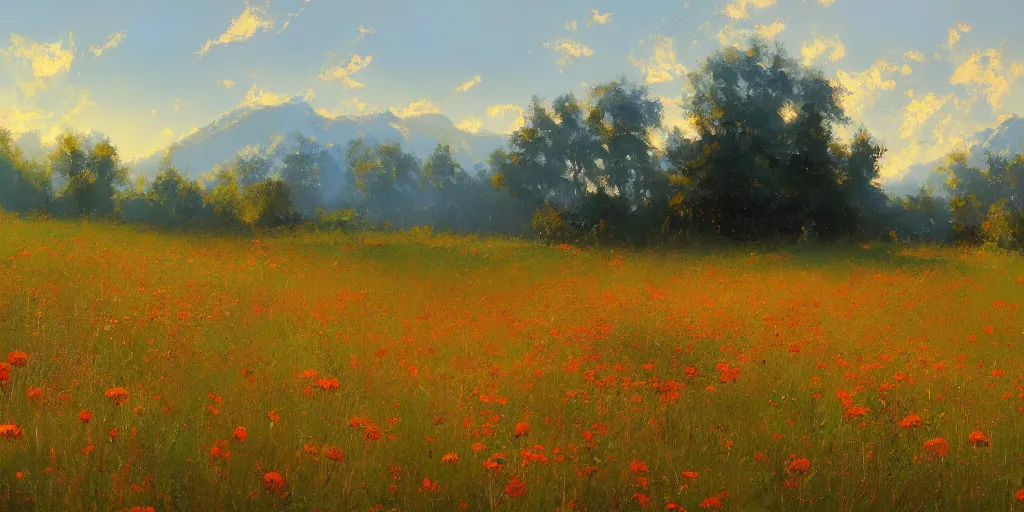 Image similar to a bright oil painting of a beautiful meadow; masterpiece; extremely-detailed; by Craig Mullins