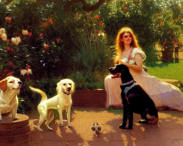 Image similar to dogs play in the backyard of a beautiful suburban home, 1 9 7 0 s sunrise painting by gaston bussiere, craig mullins, j. c. leyendecker