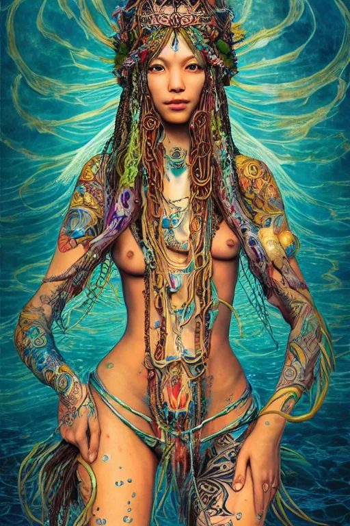 Image similar to a centered full body render of an alluring goddess festival hippy with tribal tattoos surrounded by a underwater ink pour and flowing liquid gallium and sacred geometry, perfect body and face, gorgeous, cinematic, beautifully lit, by miho hirano, by karol bak, by donato giancola, 3 d, trending on artstation, octane render, 8 k