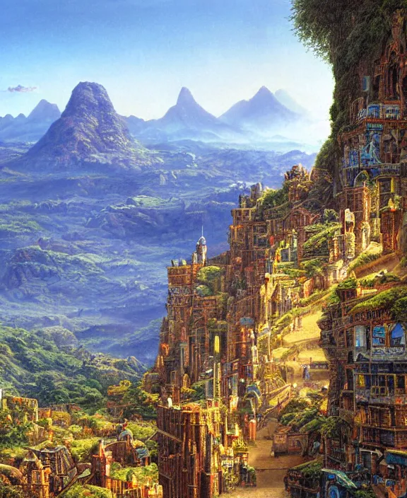 Prompt: a vibrant painting of a great city carved into the side of a mountain by ted nasmith and lee madgwick
