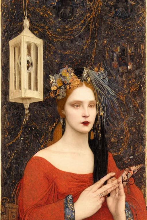 Prompt: portrait of the last goth witch with her lantern and regalia, by Annie Swynnerton and Nicholas Roerich and John Bauer and John William Godward and Donato Giancola and Vermeer, black leather and embroidered velvet, iridescent beetles, rich color, ornate headdress, flowing robes, lost runes, ancient civilizations, dramatic cinematic lighting, featured on Artstation, extremely detailed