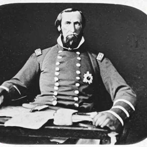 Image similar to A 1858 photo of General Pitzer a union general oddly shows him eating a large chicken burrito with cheese