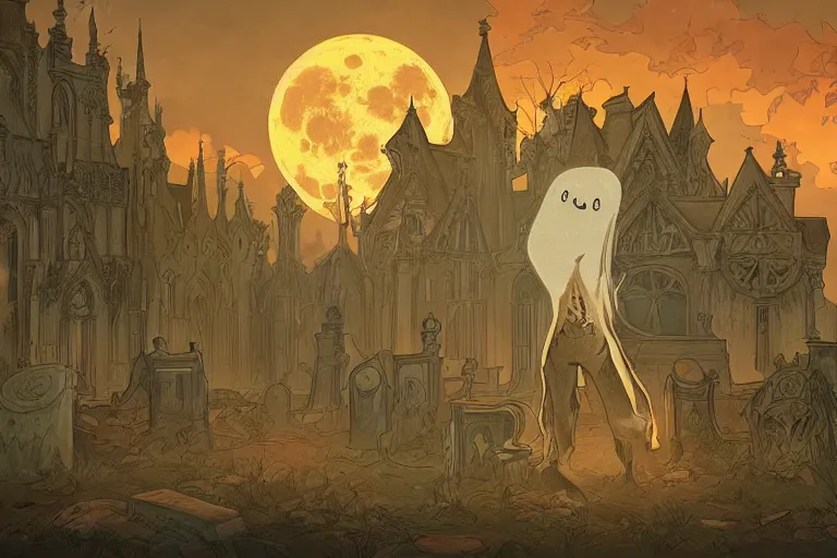 Image similar to an ultra detailed animation of a cartoon ghost in a graveyard at midnight on halloween, digital art, dark fantasy, concept art, soulslike, by alphonse mucha, blood moon eclipse, ruined building in the background, artstation, 8 k, unreal engine render