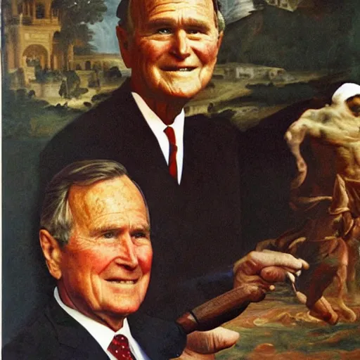 Image similar to George H.W. Bush destroys Iraq, oil on canvas, renaissance painting