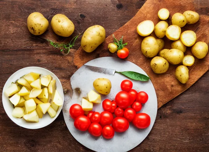 Prompt: cut potatoes and tomatoes, on a wooden board, sunlight streaming in, cookbook photography