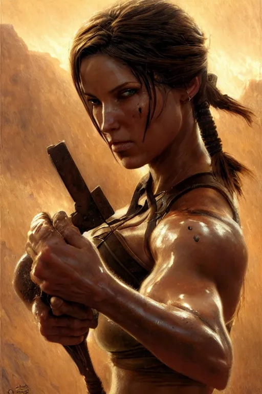 Prompt: muscular sweat lara croft, covers with mud, exhausted, face close up, highly detailed painting by gaston bussiere, craig mullins, j. c. leyendecker 8 k