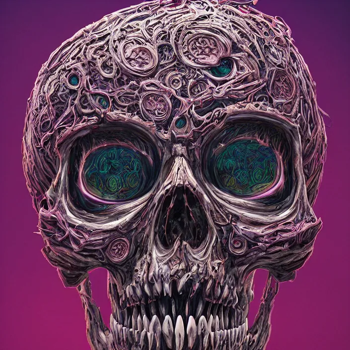 Image similar to portrait of a psychedelic skull. razor sharp teeth. infected with zombie fungus. intricate abstract. intricate artwork. nightmare fuel. by Tooth Wu, wlop, beeple, dan mumford. octane render, trending on artstation, greg rutkowski very coherent symmetrical artwork. cinematic, hyper realism, high detail, octane render, 8k, iridescent accents