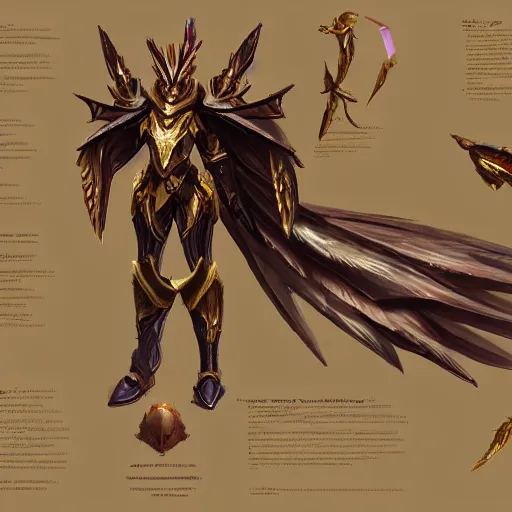 Image similar to cinematic, hyperdetailed league of legends azir armor metroid ravenbeak fanart gold armored bird wings regal gold sunray shaped crown, warframe, destiny, octane ref sheet