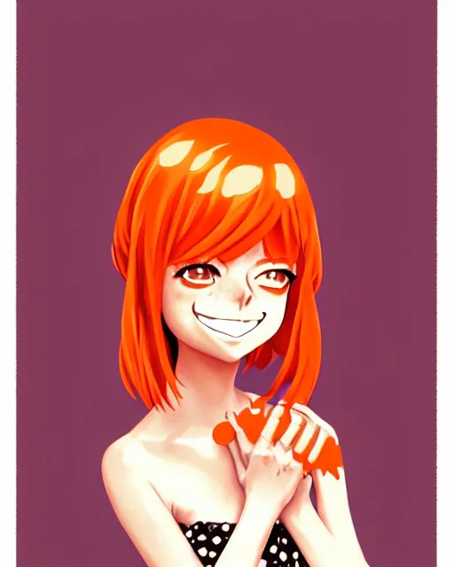 Prompt: beautiful anime girl, full body Emma Stone, orange glowing hair, sarcastic smiling, clear clean face, symmetrical face, blurry background, pose, face by Ilya Kushinov style, style by Loish, Norman Rockwell, painterly style, flat illustration