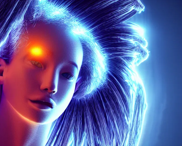 Image similar to glowing hair, complex cybernetic beings, beautiful hairy humanoids, cybermagnetosphere, cybernetic civilizations, ornate hair, love, joy, vortexes, large arrays, data holograms, 8 k, cinematic light shadows, wet hdr refractions, *, * * *, * * * * *