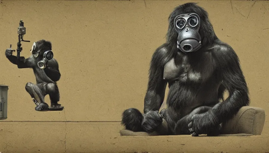 Prompt: great ape wearing a gas mask sitting on a couch, in the style of gregory crewdson