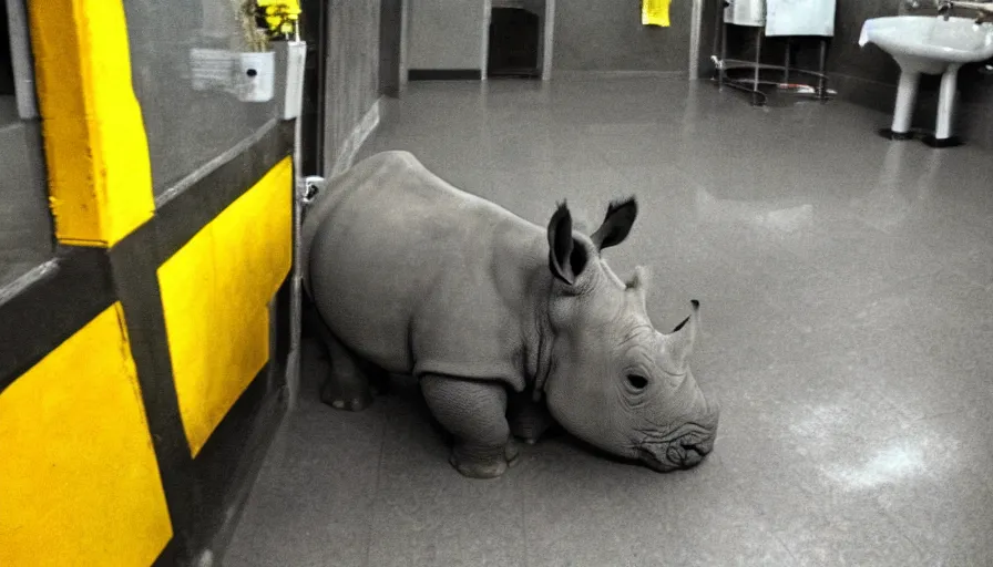 Prompt: a rhinoceros in a public bathroom with yellow tiles floor, mini dv camera found footage, very very low quality picture, heavy grain, heavy jpeg artifact blurry, caught on trail cam, 1 4 4 p