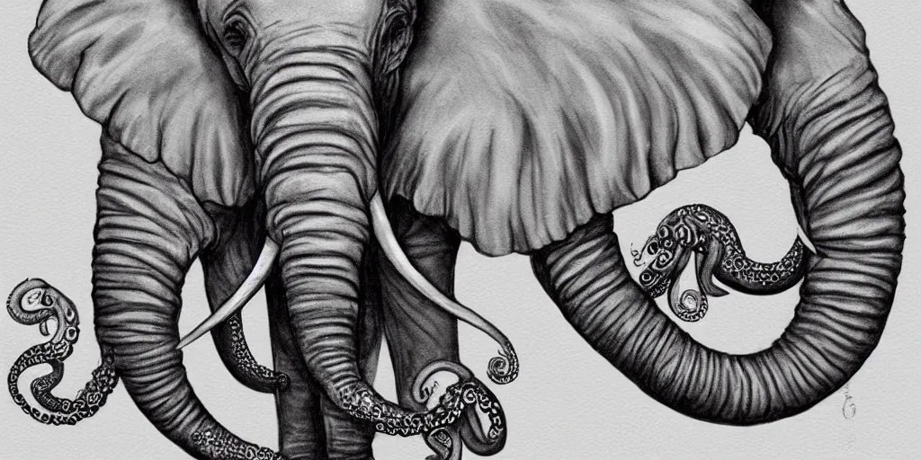 Image similar to one elephant with octopus tentacles instead of trunks, photorealistic