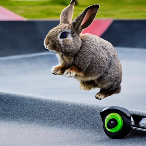 Prompt: a rabbit jumping with a scooter on a skatepark