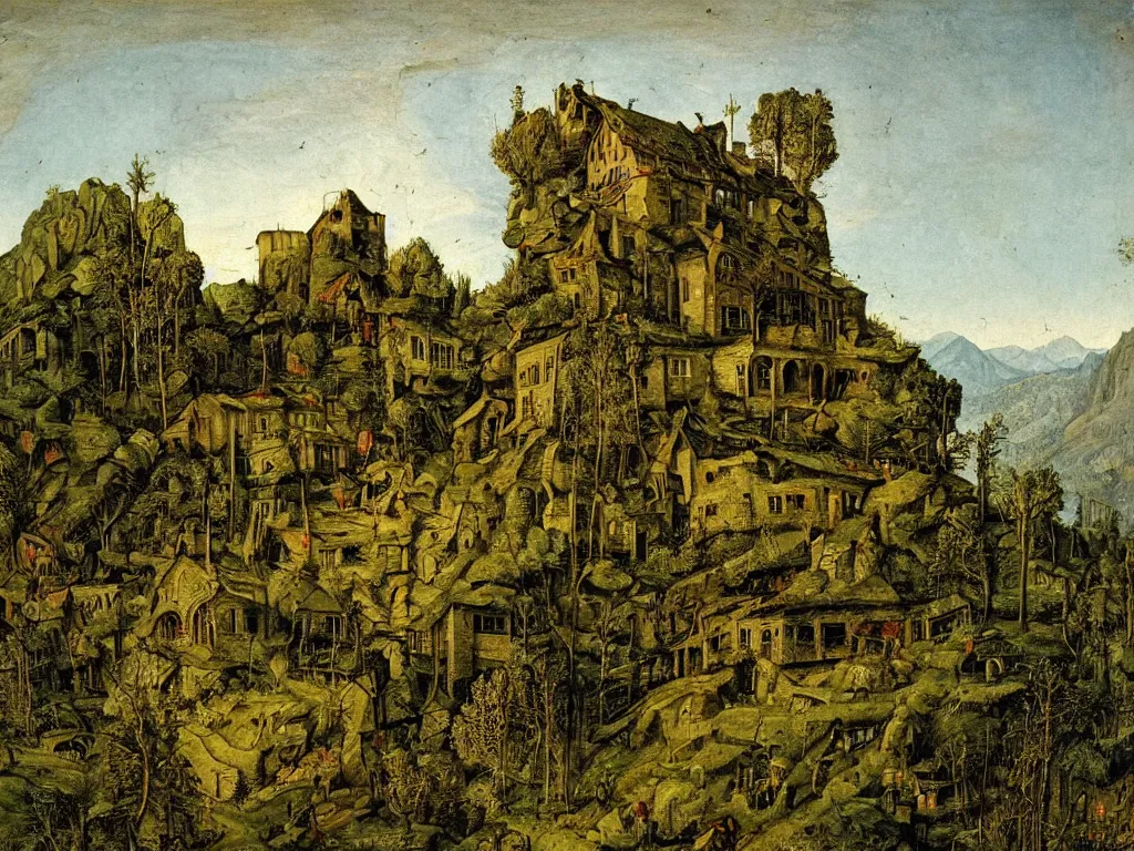 Image similar to Derelict house at night in the forest, at the top of the mountain. A miracle in the sky. Painting by Albrecht Altdorfer