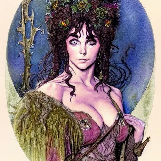 Prompt: a realistic and atmospheric watercolour fantasy character concept art portrait of young elizabeth taylor aged 2 1 as a druidic warrior wizard looking at the camera with an intelligent gaze by rebecca guay, michael kaluta, charles vess and jean moebius giraud