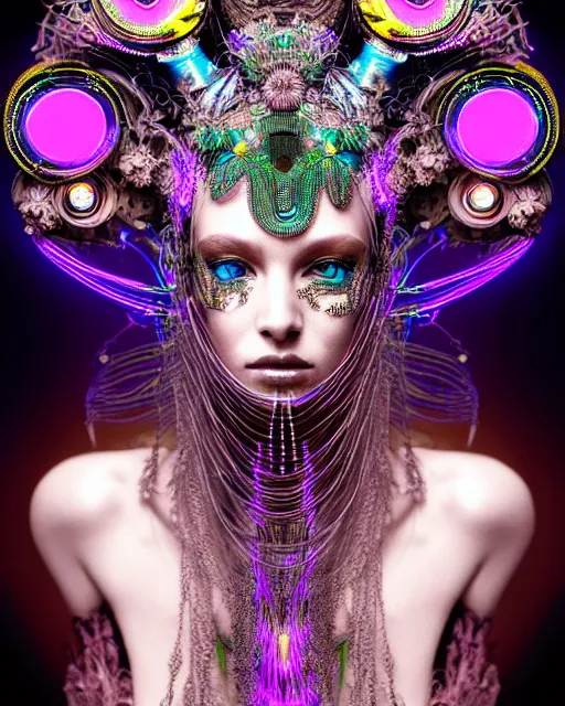 Image similar to hyperrealistic detailed portrait of a beautiful goddess in a cyber headdress, intricate cyberpunk neon make - up, art by ernst haeckel, nekro borja, alphonso mucha, h. r. giger, ornamental gothic - cyberpunk,