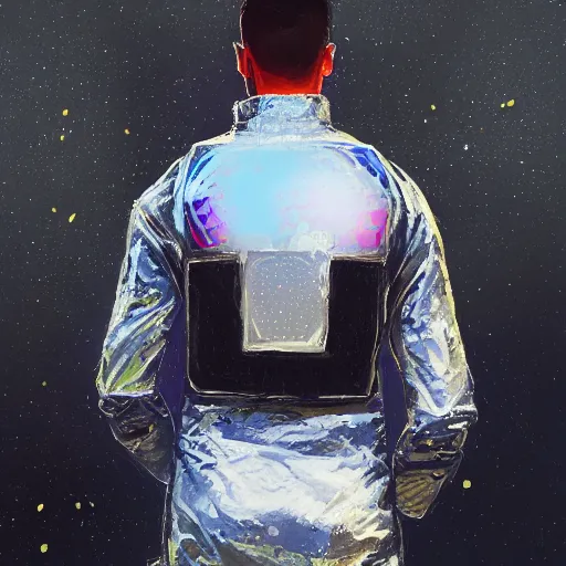 Image similar to detailed portrait of a skilled magic deepdream guardian boy cyberpunk futuristic, reflective puffer jacket, black leggings from the back radiating a glowing aura by ismail inceoglu dragan bibin hans thoma, perfect face, fine details, realistic shaded, fine - face, pretty face