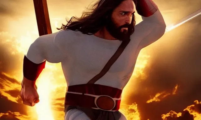 Image similar to jesus christ fighting alongside the avengers, using his cross as weapon, photorealistic, cinematic lighting, extremely detailed, marvel cinematic universe