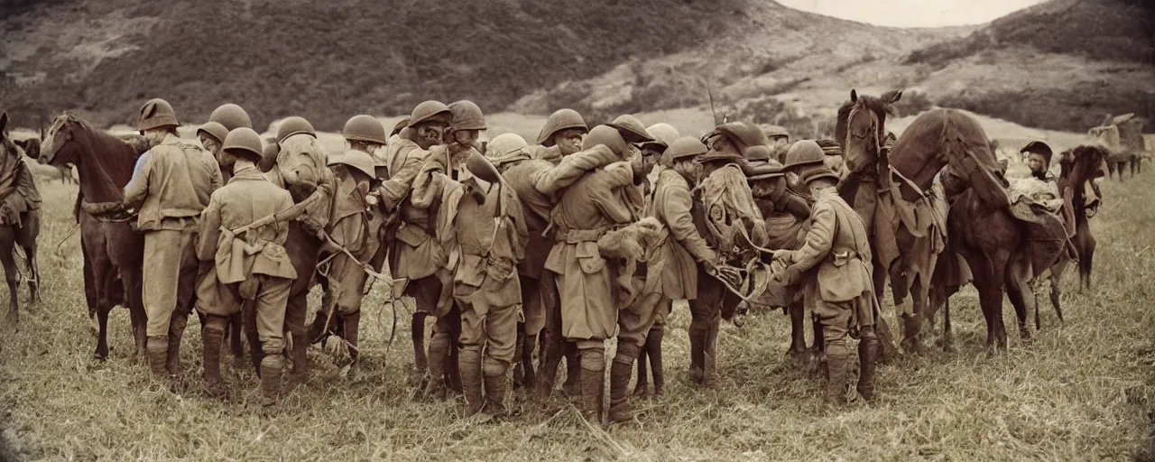 Image similar to soldiers feeding hungry horses spaghetti, world war 1, canon 5 0 mm, kodachrome, in the style of wes anderson, retro