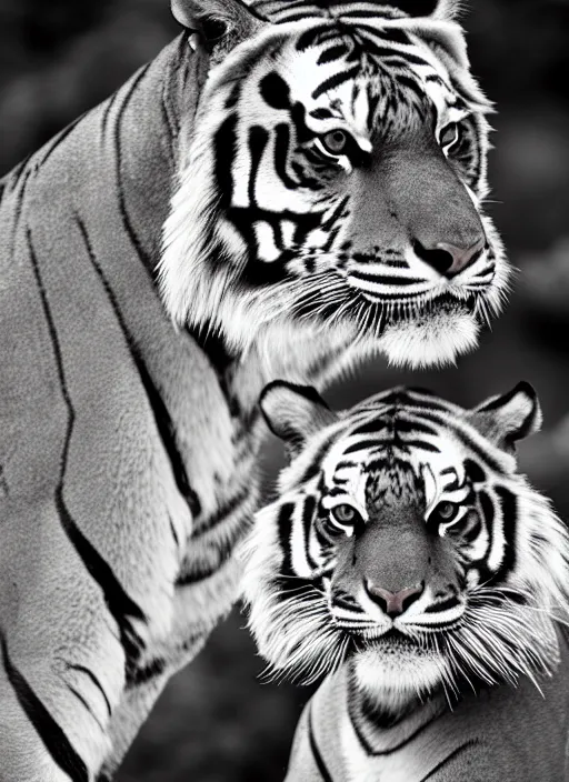 Image similar to two tigers black and white portrait white sky in background