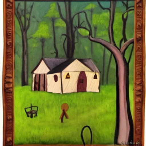 Image similar to a painting of a eerie cabin in the middle of the woods in the style of alice bailly