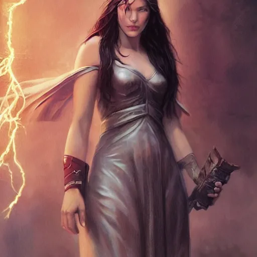 Prompt: liv tyler 2 0 - years old as the greek god of lightning, highly detailed, young, by artgerm and greg rutkowski