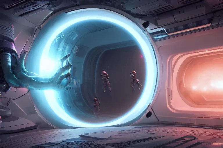 Image similar to friendly aliens coming to earth through a space portal,hyper realistic, 8K, octane render