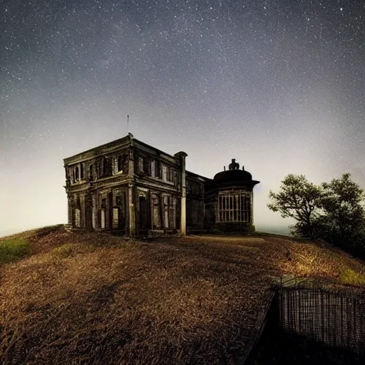 Prompt: an abandoned mansion with top observatory on a hill at night with stars, by lee madgwick and bastien lecouffe