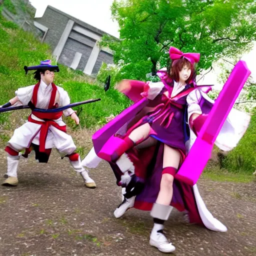 Prompt: live action touhou battle scene