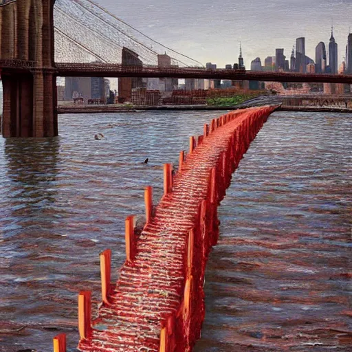 Image similar to the brooklyn bridge made of bacon by greg rutkowski and frank lloyd wright