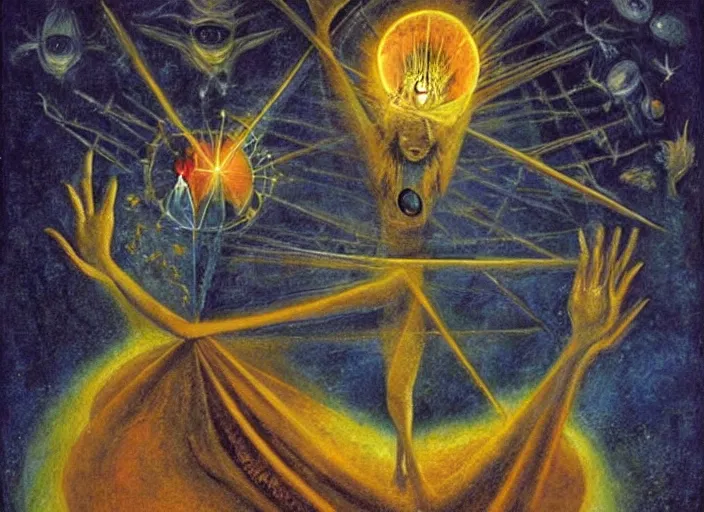 Prompt: a shaman woman holding up the cosmic!! universe, by remedios varo, reflection, symbolist!, magic colors, dramatic lighting, smooth, sharp focus, extremely detailed, aesthetically pleasing composition