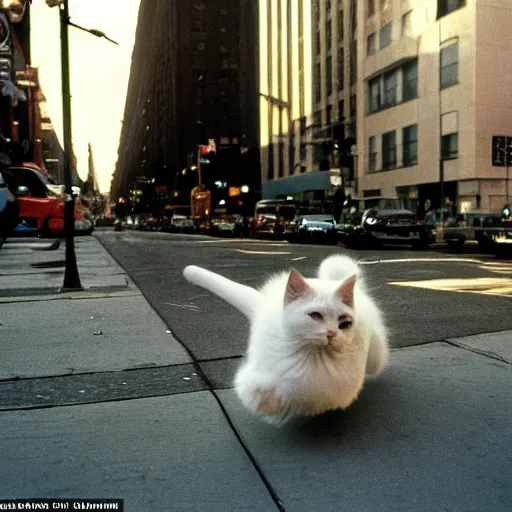 Image similar to leica s photograph, kodachrome film, subject is a white furry cat skateboarding down broadway in nyc