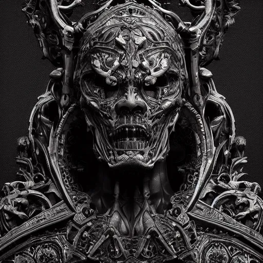 Image similar to a face made of black cast iron. black background. gothic baroque. symmetry. epic. ominous shapes. hyper detailed. photoreal. octane render. trending on artstation.