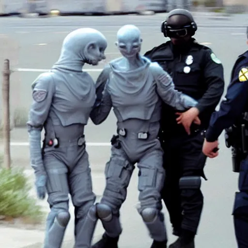 Image similar to extraterrestrial grey alien, being arrested by special forces