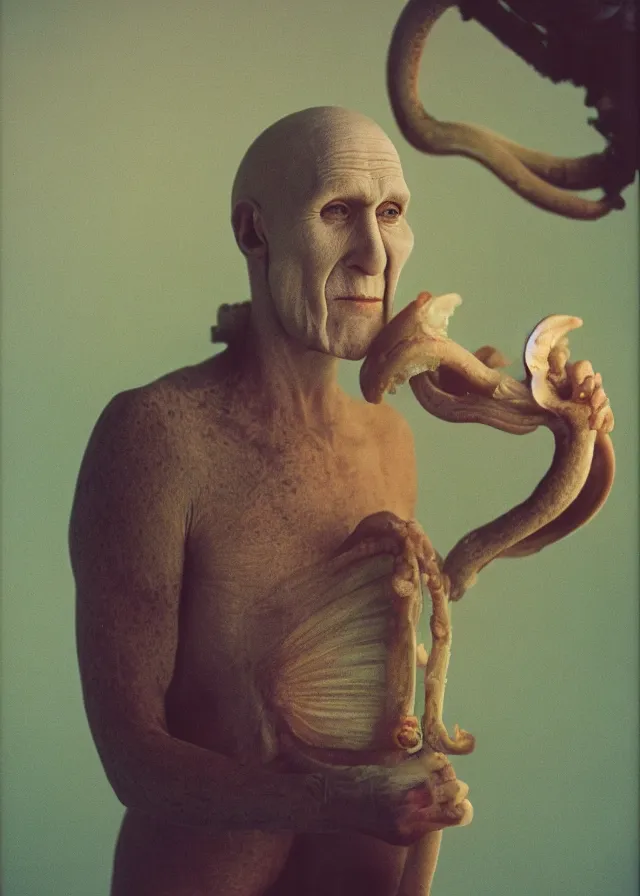 Image similar to live action squidward, portrait photo taken by annie leibovitz, dramatic lighting, 8 5 mm f / 2. 4, kodak portra, color film